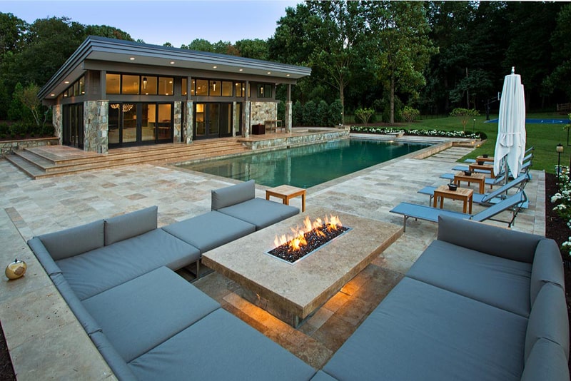 Patio with firepit and pool and patio furniture