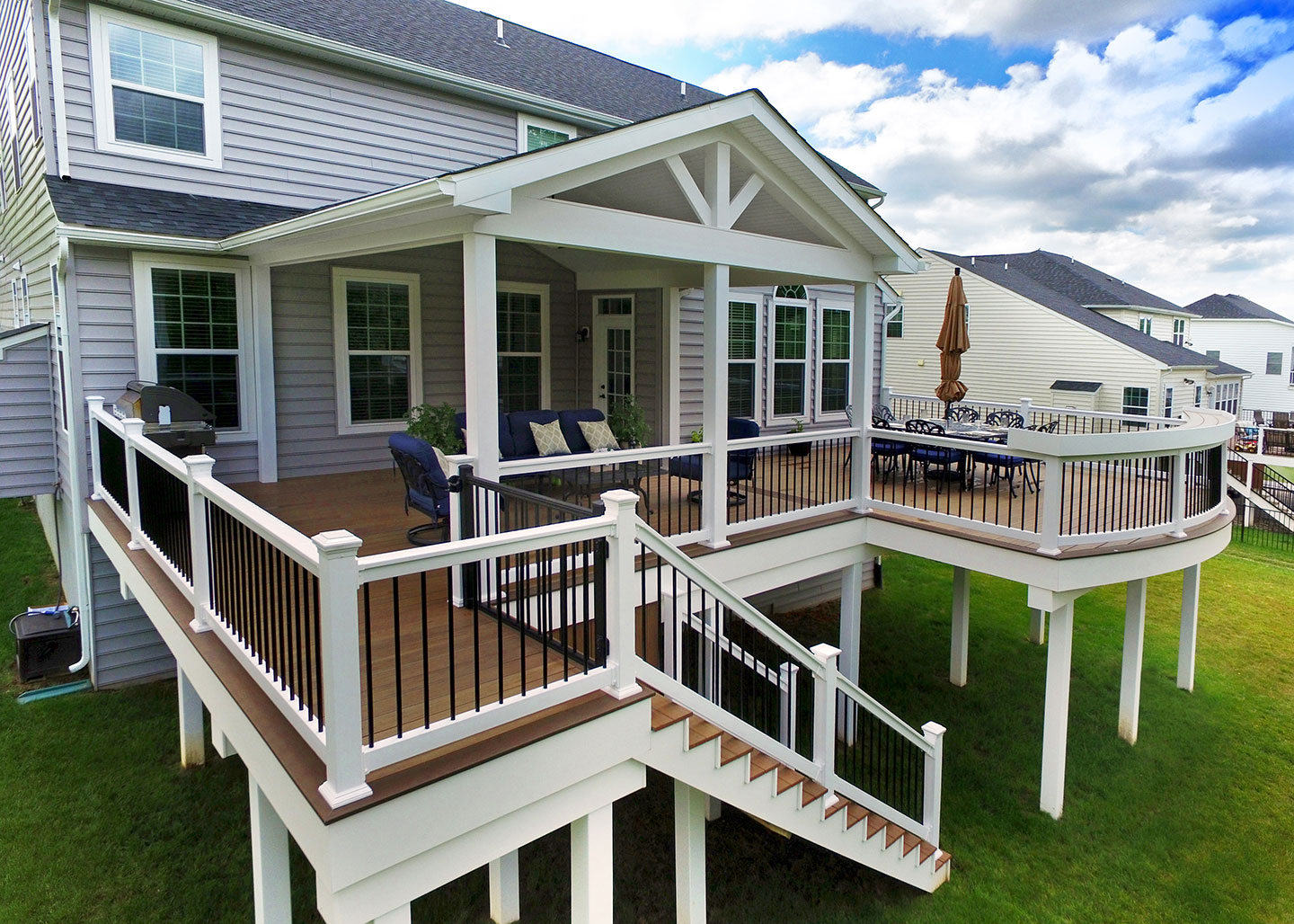 Elevated composite deck off second level with stairs